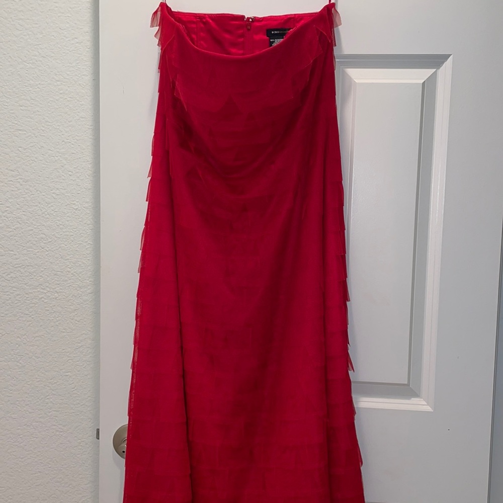 BCBG Red Strapless Dress with Tiered Tulle Ruffles